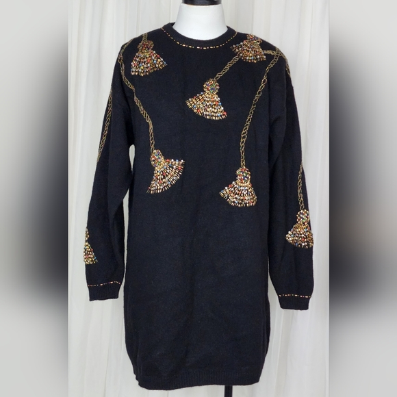 Vintage black wool knit tassel beaded rhinestone Christmas Xmas tunic sweater L - Picture 1 of 5